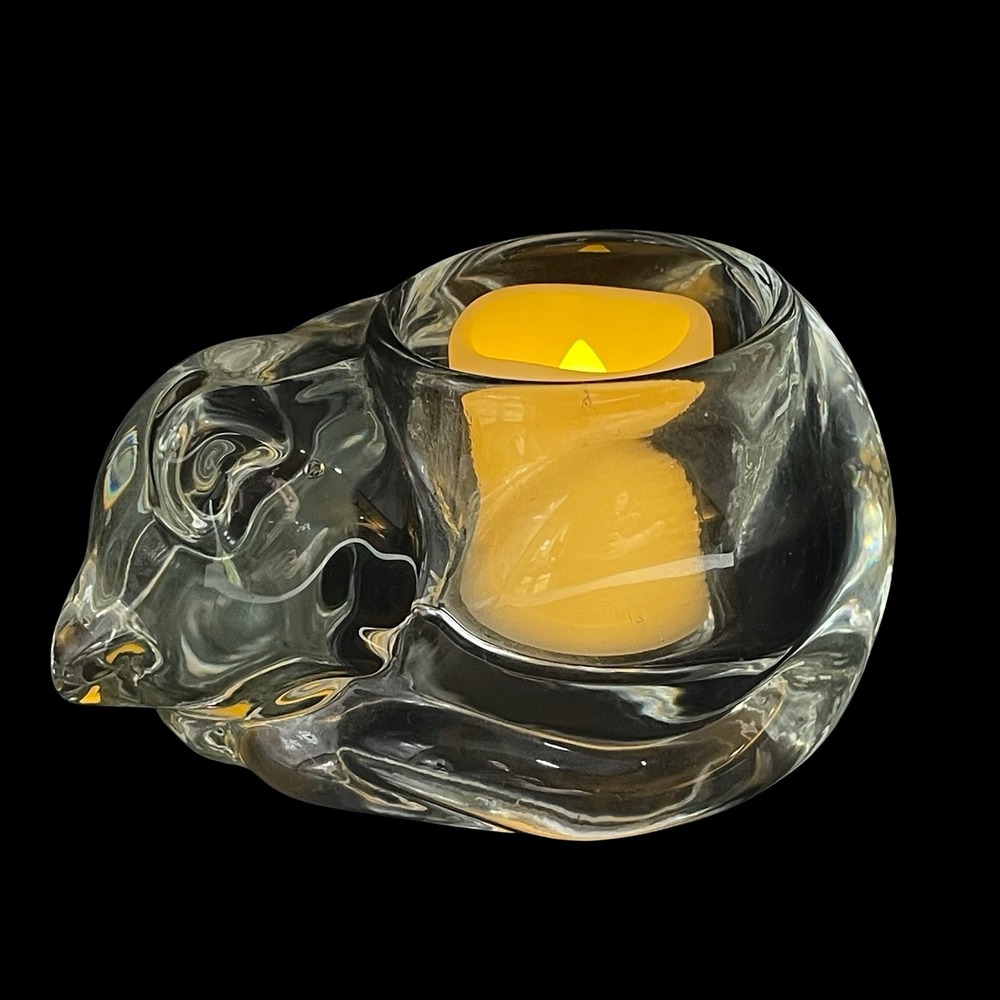 Indiana Glass Sleeping Cat Votive Tea Light Candle Holder Clear Art Glass